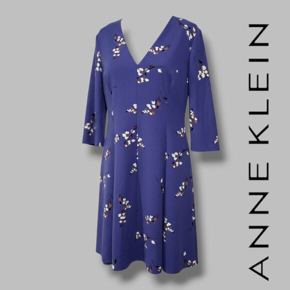 Anne Klein Blue Floral A-Line Dress Women’s Size 14 | Lined Zip-Back Fit & Flare - Picture 8 of 8